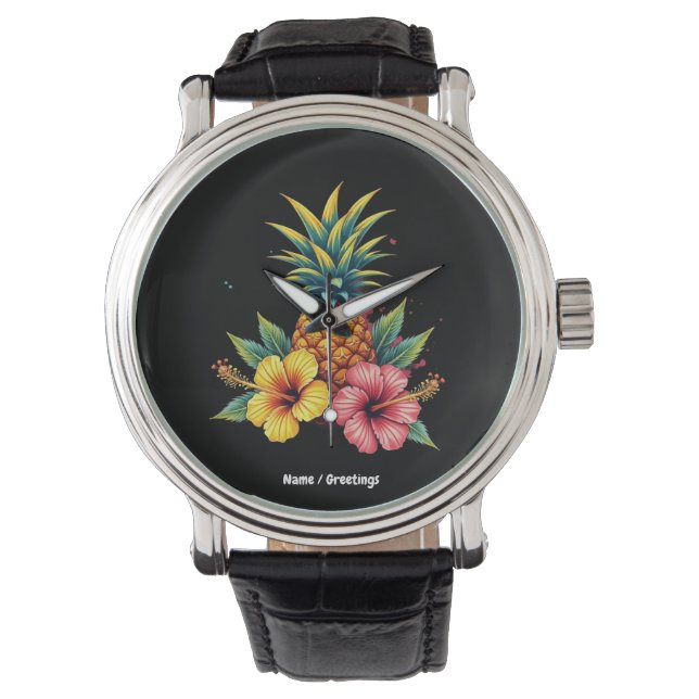 Ananas und Hibiskus Floral Hawaii Summer Beach Armbanduhr (Vorderseite)