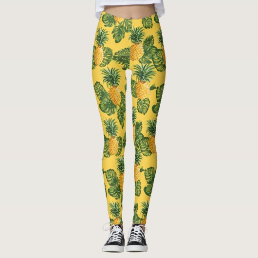 Ananas und tropische Blätter auf Gold Leggings (Vorderseite)
