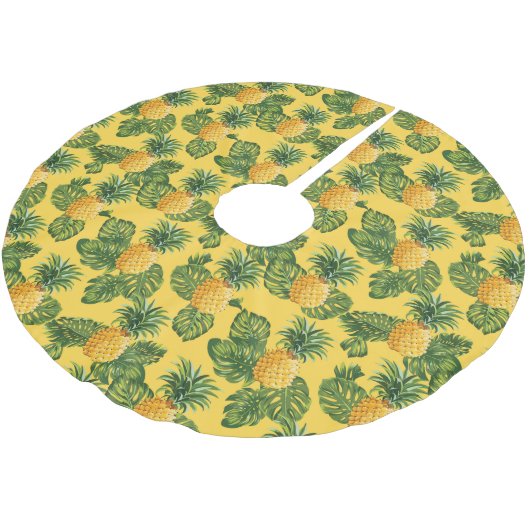 Ananas und tropische Blätter auf Gold Polyester Weihnachtsbaumdecke (Schrägansicht)