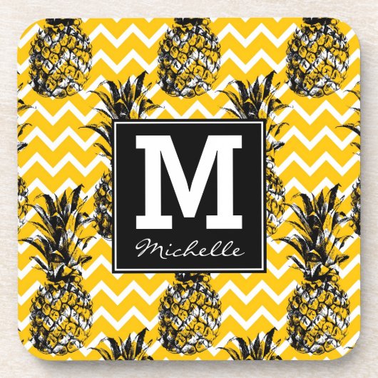 Ananas verläuft | Monogramm im Zickzack Getränkeuntersetzer (Vorderseite)