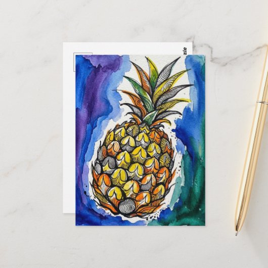 Ananas-Wasserfarbe-Doodle Postkarte (Vorderseite/Rückseite Beispiel)
