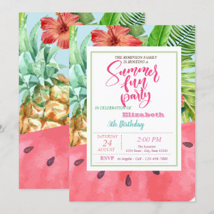 Ananas, Wassermelone Palmblatt Sommer Geburtstag Einladung
