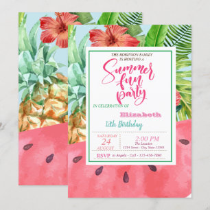 Ananas, Wassermelone, Palmen Blätter Sommer Geburt Einladung