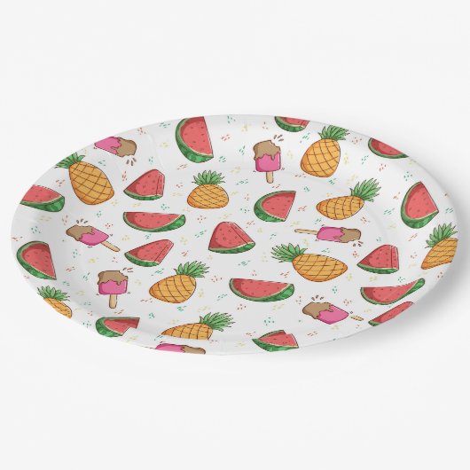 Ananas, Wassermelonen und Eiscreme Pappteller (Schrägansicht)