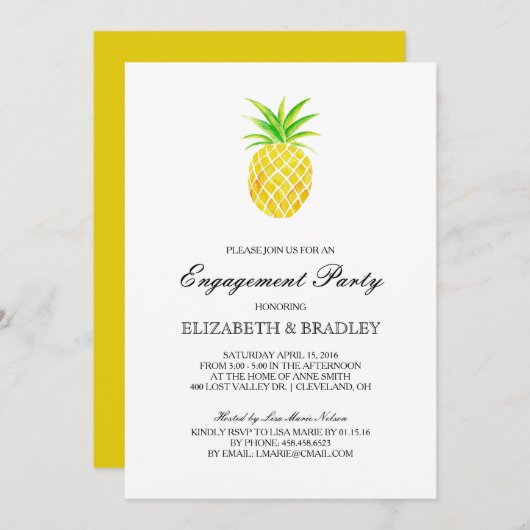 Ananas Watercolor Tropical Engagement Party Einladung (Vorne/Hinten)
