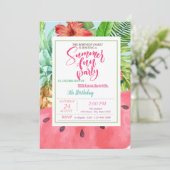 Ananas, Watermelon Palmenblättrig Sommer Geburtsta Einladung (Stehend Vorderseite)