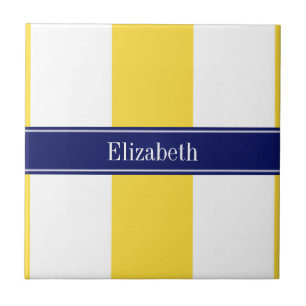 Ananas, weiße XL Streifen, Navy 5c Name Monogram Fliese