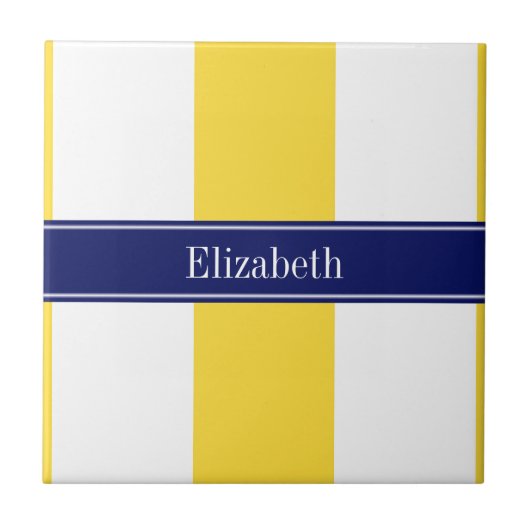 Ananas, weiße XL Streifen, Navy 5c Name Monogram Fliese (Vorderseite)