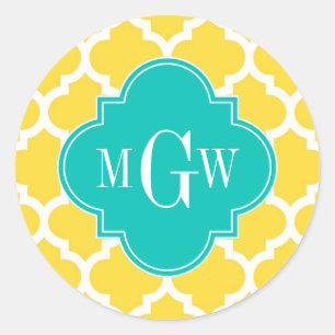 Ananas Wht Moroccan #5 Türkis 3 Initialen Monogram Runder Aufkleber