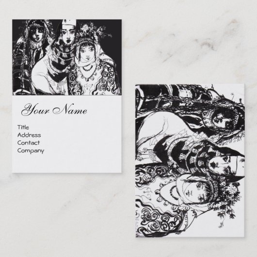 ANATOLIAN GIRLS Schwarz-weiße ethische Mode Zeichn Visitenkarte (Vorne/Hinten)