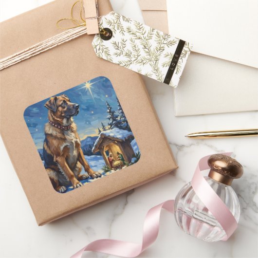 Anatolian Shepherd Dog Guarding Nativity Scene Quadratischer Aufkleber (Schenken)