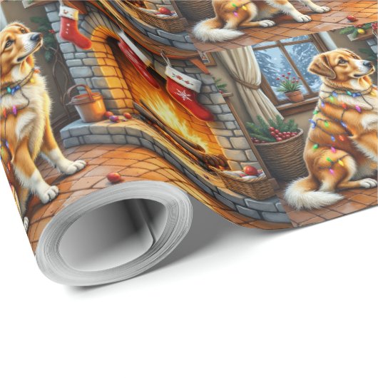 Anatolian Shepherd Fireplace with Christmas Lights Geschenkpapier (Rolleneckpunkt)