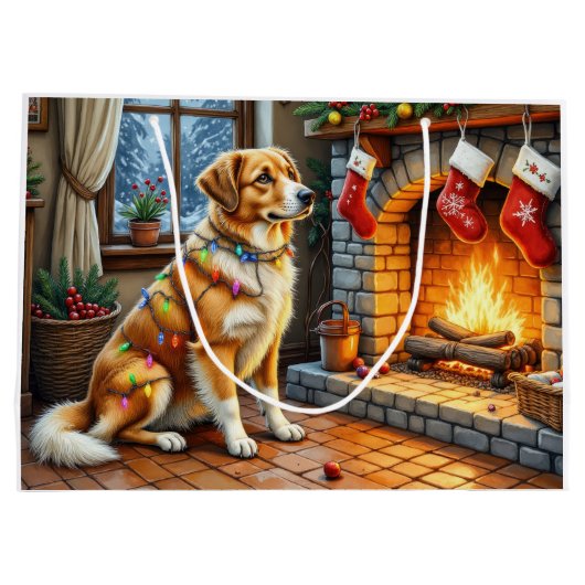 Anatolian Shepherd Fireplace with Christmas Lights Große Geschenktüte (Rückseite)