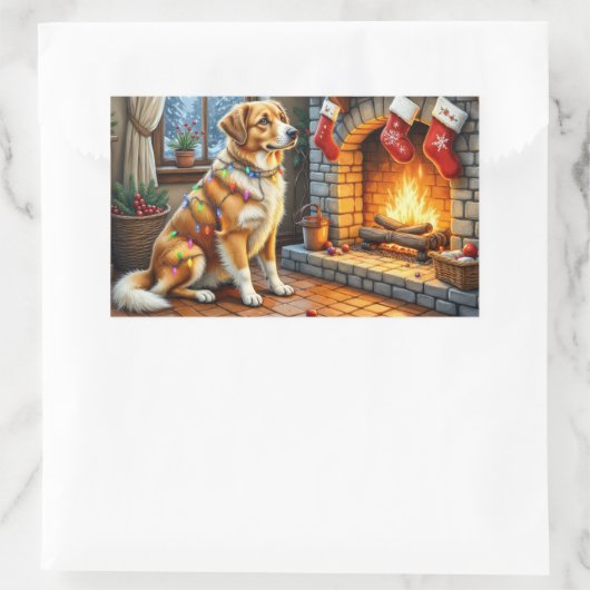Anatolian Shepherd Fireplace with Christmas Lights Rechteckiger Aufkleber (Tasche)