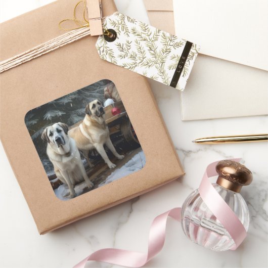 Anatolian Shepherd Snowy Sleigh Weihnachtsdekor Quadratischer Aufkleber (Schenken)