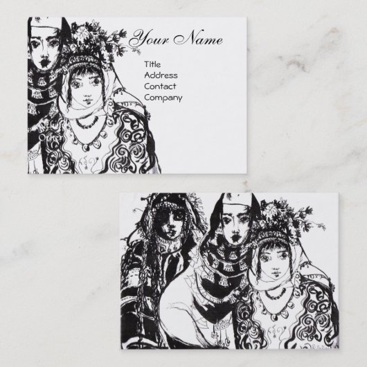 ANATOLIANISCHE MÄDCHEN Schwarz-weiße Tinte Zeichne Visitenkarte (Vorne/Hinten)