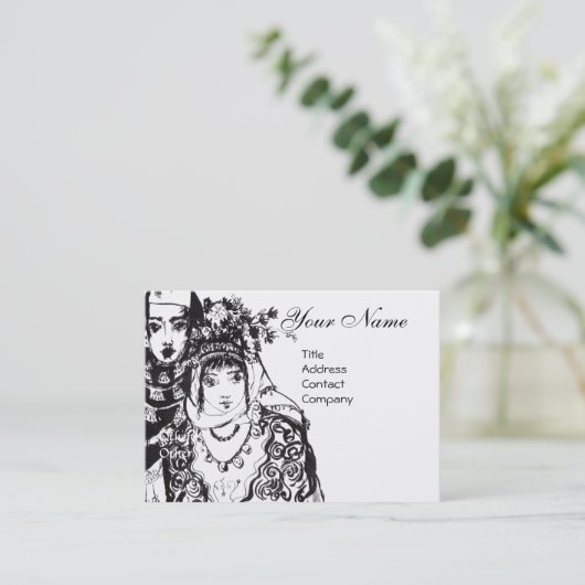 ANATOLIANISCHE MÄDCHEN Schwarz-weiße Tinte Zeichne Visitenkarte (Stehend Vorderseite)