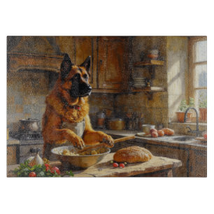 Anatolischer Hirtenhund beim Kochen in der Küche Schneidebrett