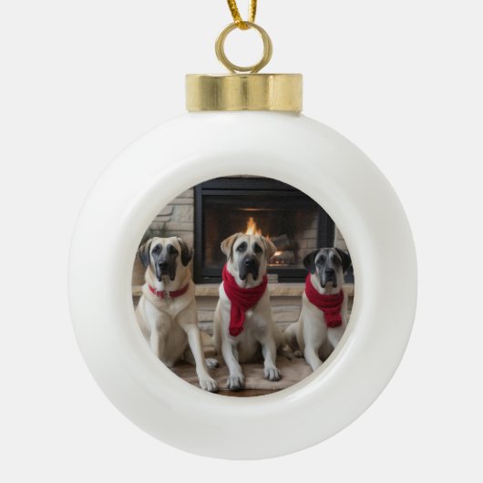 Anatolischer Schäferhund am Feuerplatz Weihnachten Keramik Kugel-Ornament (Vorderseite)