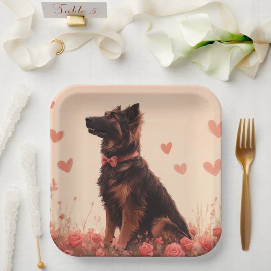 Anatolischer Schäferhund mit Rose - Valentinstag Pappteller (Hochzeit)