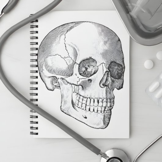 Anatomie des Vintagen Schädels, zeichnend monochro Notizblock