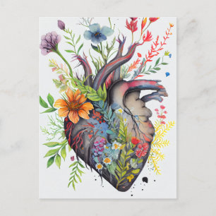 Anatomische Herz- und Aquarellfarben-Blume Liebe Postkarte