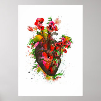 Anatomisches Herz mit Blume, Blumenherz Poster