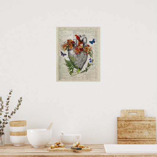 Anatomisches Herz mit Blume & Hummingbird Poster (Küche)