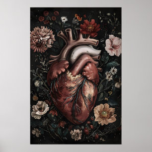 Anatomisches Herz mit Blumen Druck, Vintage Poster