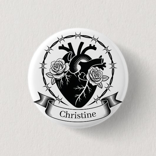 Anatomisches Herz-Tattoo: Schwarz-Weiß-Design Button (Vorderseite)