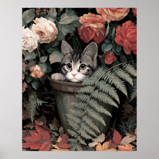 Anbetungswertes Kätzchen in einem Blumenkübel Poster