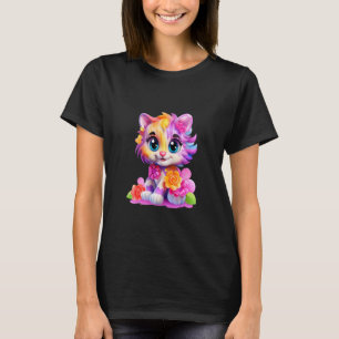 Anbetungswürdige Bunte Katze mit Blumen Große Auge T-Shirt