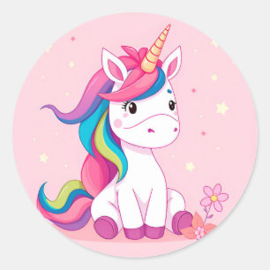 Anbetungswürdige Cartoon-Einhorn mit Regenbogenmäh Runder Aufkleber