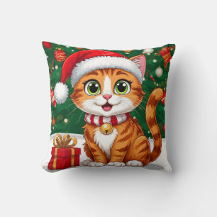 Anbetungswürdige Katze in Santa-Mütze mit Geschenk Kissen