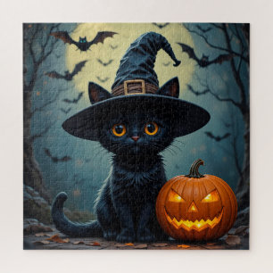 Anbetungswürdige schwarze Katze mit Hexenhut Puzzle