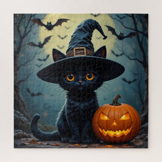 Anbetungswürdige schwarze Katze mit Hexenhut Puzzle (Vertikal)