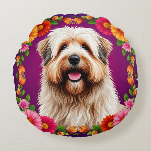 Anbetungswürdiger flauschiger Hund mit Blumen Rundes Kissen