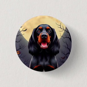 Anbetungswürdiger Hund in einer Halloween-Szene mi Button
