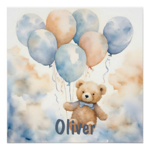 Anbetungswürdiger Teddybär mit Ballons Aquarell Poster