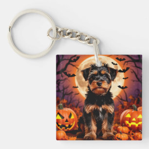 Anbetungswürdiger Welpe mit Halloween-Hintergrund Schlüsselanhänger