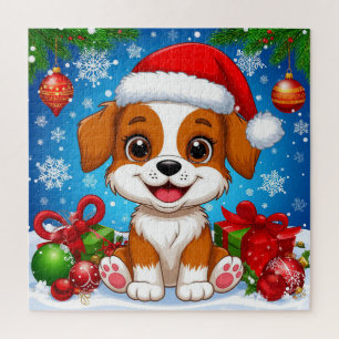 Anbetungswürdiger Welpe mit Santa-Hut und Weihnach Puzzle