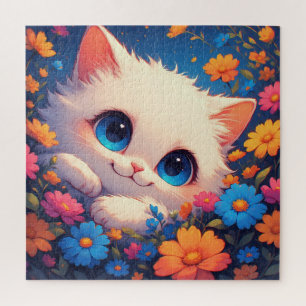 Anbetungswürdiges weißes Kätzchen mit leuchtend bl Puzzle