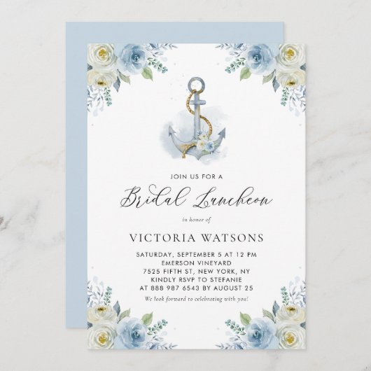 Anchor and Blue Flowers Nautical Bridal Luncheon Einladung (Vorne/Hinten)