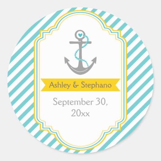 Anchor aqua, gelbe nautische Hochzeit Save the Dat Runder Aufkleber (Vorderseite)