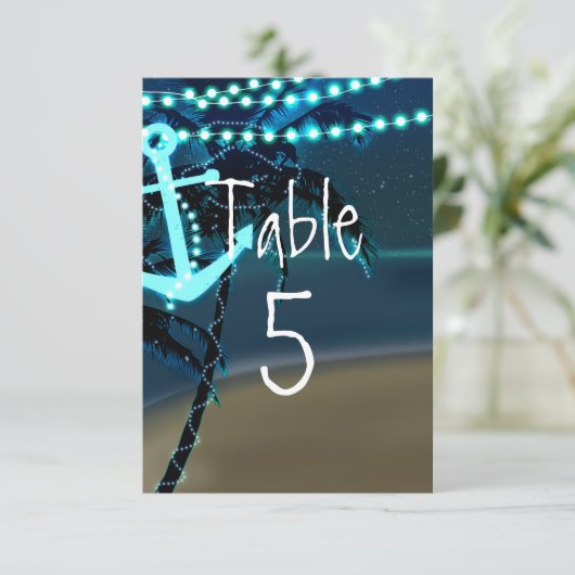 Anchor Beach Palm Tree Wedding Tischnummer Card (Stehend Vorderseite)