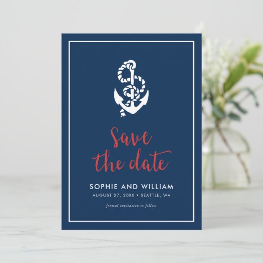 Anchor Blau und Rotes Skript Save the Date (Stehend Vorderseite)