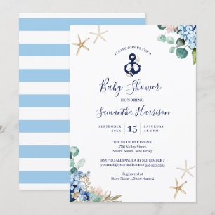 Anchor Blue Beach Nautical Floral Baby Dusche Einladung