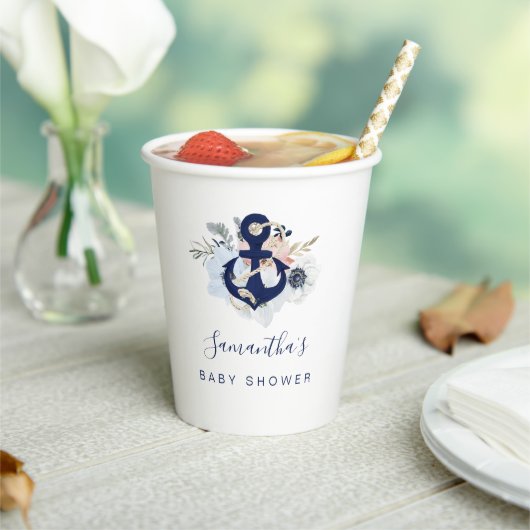 Anchor Blue Beach Nautical Floral Baby Dusche Pappbecher (In Situ)