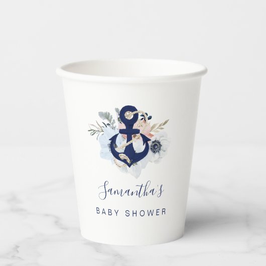 Anchor Blue Beach Nautical Floral Baby Dusche Pappbecher (Vorderseite)