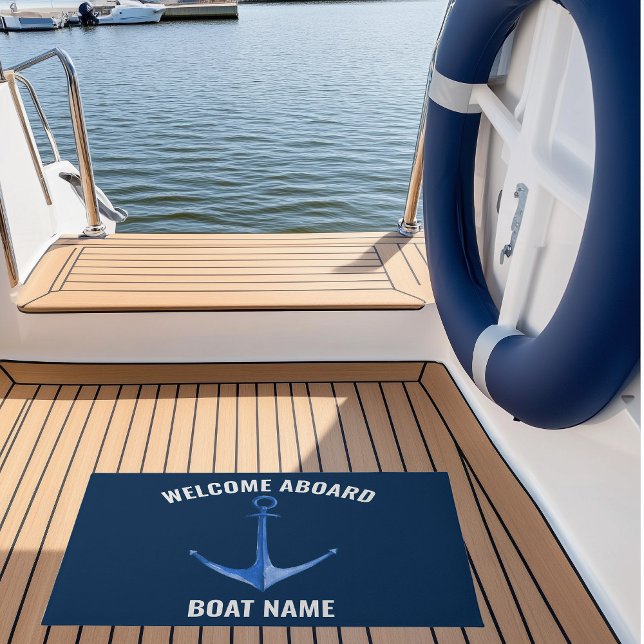 Anchor Blue Rustic Bootname Fußmatte (Custom Boat Name Nautical Doormat with watercolor blue anchor)